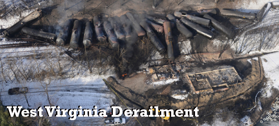 Aerial photo of derailed crude oil tanker railroad cars
